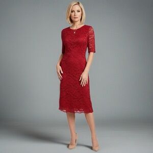 TALBOTS Romantic Red Lace Dress Half Sleeve Midi A Line Classic Lined Sz 2/4